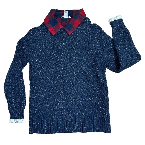 Cat & Jack Kid’s Navy Sweater With Red Plaid Collar